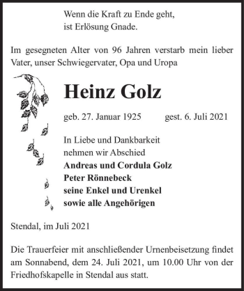 Traueranzeige von Heinz Golz  von Magdeburger Volksstimme
