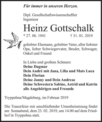 Traueranzeige von Heinz Gottschalk  von Magdeburger Volksstimme