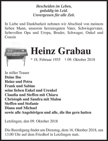 Traueranzeige von Heinz Grabau  von Magdeburger Volksstimme