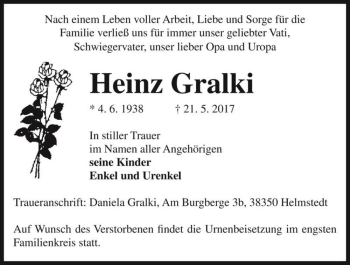 Traueranzeige von Heinz Gralki  von Magdeburger Volksstimme