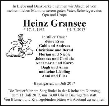 Traueranzeige von Heinz Gransee  von Magdeburger Volksstimme