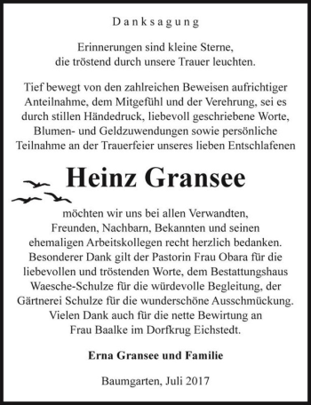 Traueranzeige von Heinz Gransee  von Magdeburger Volksstimme
