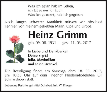 Traueranzeige von Heinz Grimm  von Magdeburger Volksstimme