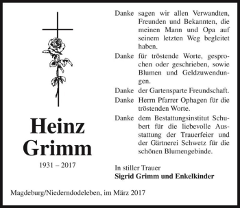 Traueranzeige von Heinz Grimm  von Magdeburger Volksstimme