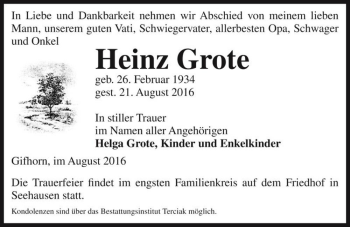Traueranzeige von Heinz Grote  von Magdeburger Volksstimme