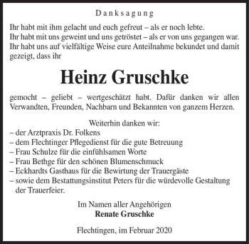 Traueranzeige von Heinz Gruschke  von Magdeburger Volksstimme