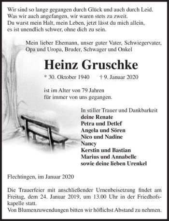 Traueranzeige von Heinz Gruschke  von Magdeburger Volksstimme