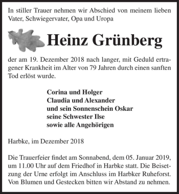 Traueranzeige von Heinz Grünberg  von Magdeburger Volksstimme