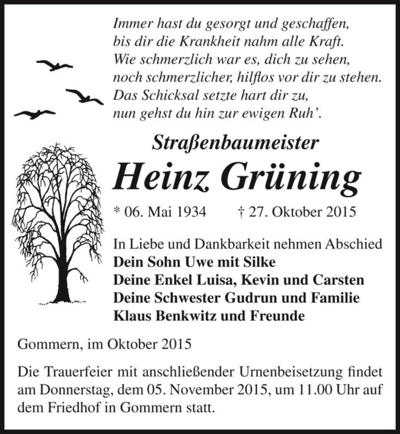  Traueranzeige für Heinz Grüning  vom 30.10.2015 aus Magdeburger Volksstimme