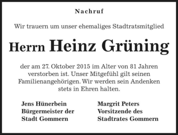Traueranzeige von Heinz Grüning  von Magdeburger Volksstimme