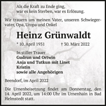 Traueranzeige von Heinz Grünwaldt  von Magdeburger Volksstimme