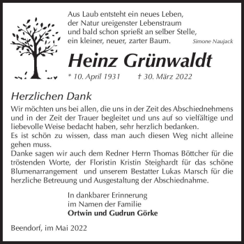 Traueranzeige von Heinz Grünwaldt  von Magdeburger Volksstimme
