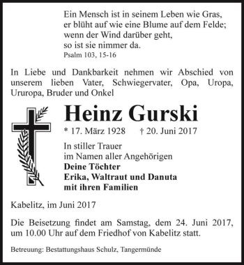 Traueranzeige von Heinz Gurski  von Magdeburger Volksstimme