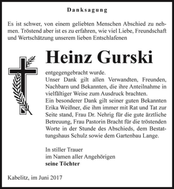 Traueranzeige von Heinz Gurski  von Magdeburger Volksstimme