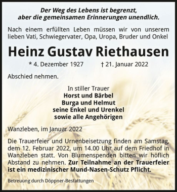 Traueranzeige von Heinz Gustav Riethausen  von Magdeburger Volksstimme