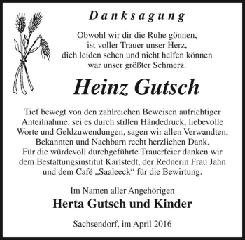 Traueranzeige von Heinz Gutsch  von Magdeburger Volksstimme