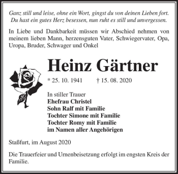 Traueranzeige von Heinz Gärtner  von Magdeburger Volksstimme