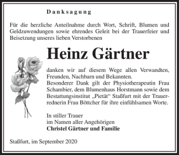 Traueranzeige von Heinz Gärtner  von Magdeburger Volksstimme