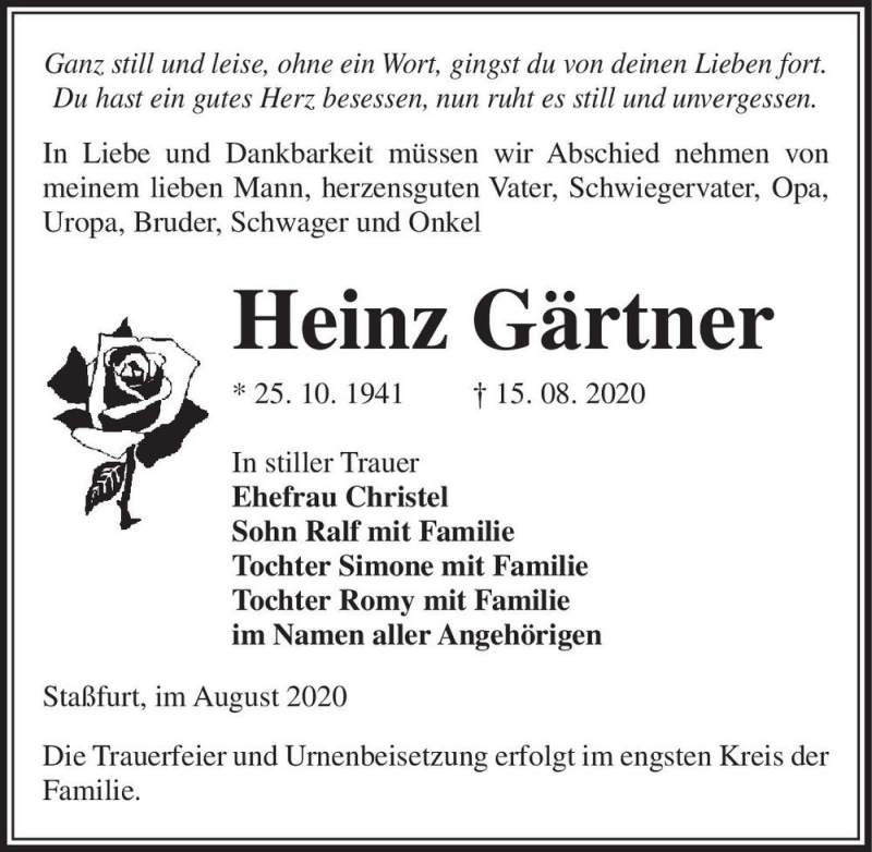  Traueranzeige für Heinz Gärtner  vom 22.08.2020 aus Magdeburger Volksstimme