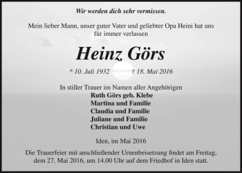 Traueranzeige von Heinz Görs  von Magdeburger Volksstimme