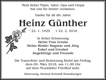 Traueranzeige von Heinz Günther  von Magdeburger Volksstimme