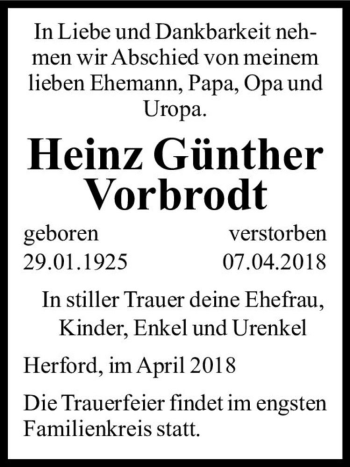Traueranzeige von Heinz Günther Vorbrodt  von Magdeburger Volksstimme