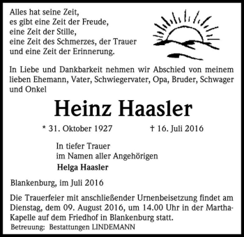 Traueranzeige von Heinz Haasler  von Magdeburger Volksstimme