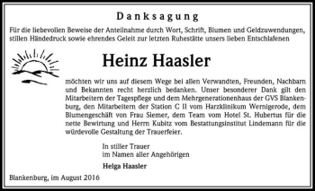 Traueranzeige von Heinz Haasler  von Magdeburger Volksstimme