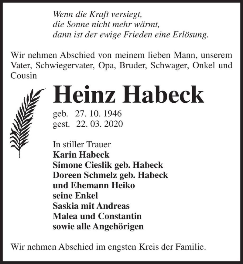  Traueranzeige für Heinz Habeck  vom 28.03.2020 aus Magdeburger Volksstimme