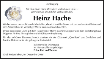 Traueranzeige von Heinz Hache  von Magdeburger Volksstimme