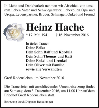 Traueranzeige von Heinz Hache  von Magdeburger Volksstimme