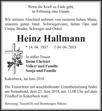 Traueranzeige von Heinz Hallmann  von Magdeburger Volksstimme