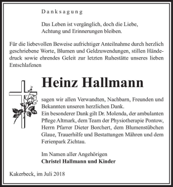 Traueranzeige von Heinz Hallmann  von Magdeburger Volksstimme