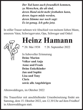 Traueranzeige von Heinz Hamann  von Magdeburger Volksstimme