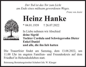 Traueranzeige von Heinz Hanke  von Magdeburger Volksstimme