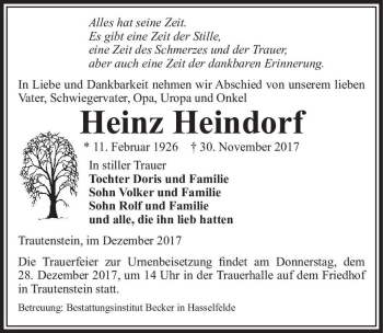 Traueranzeige von Heinz Heindorf  von Magdeburger Volksstimme