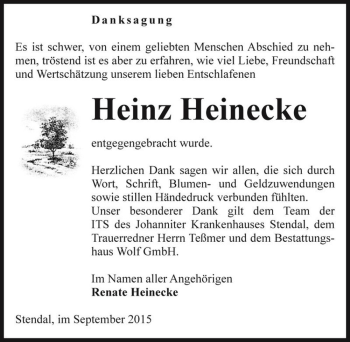 Traueranzeige von Heinz Heinecke  von Magdeburger Volksstimme