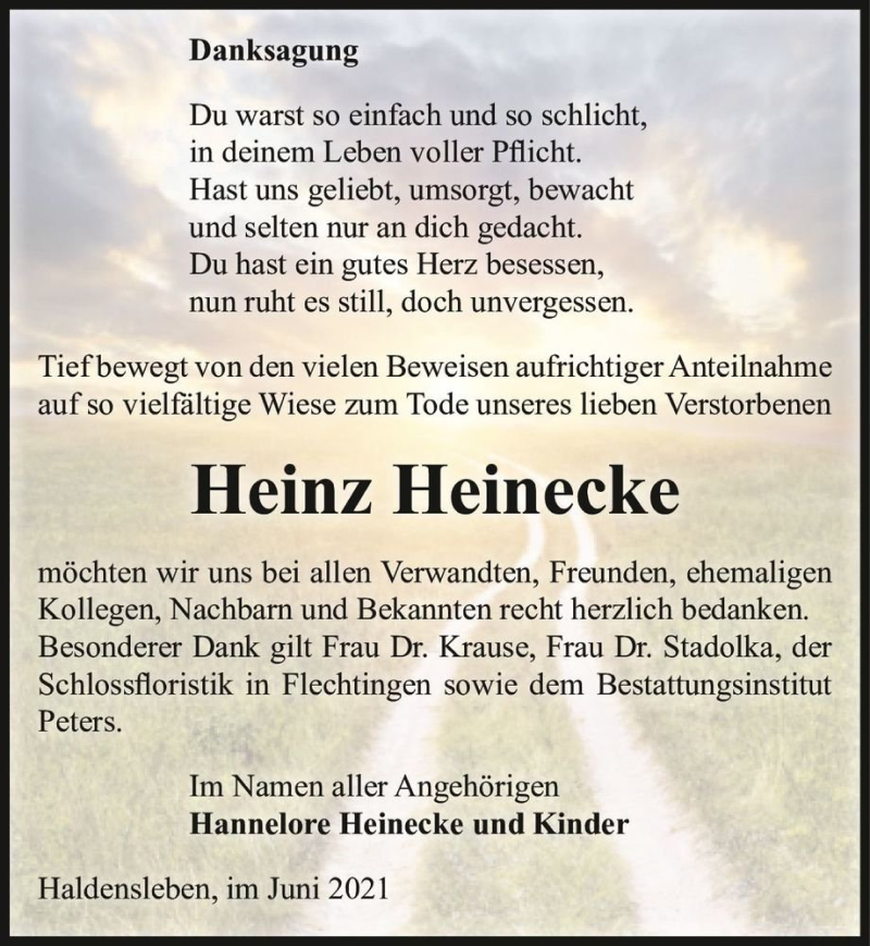  Traueranzeige für Heinz Heinecke  vom 12.06.2021 aus Magdeburger Volksstimme