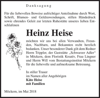 Traueranzeige von Heinz Heise  von Magdeburger Volksstimme