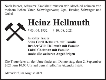 Traueranzeige von Heinz Hellmuth  von Magdeburger Volksstimme