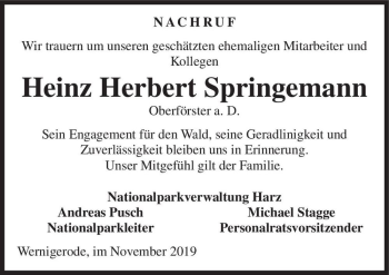 Traueranzeige von Heinz Herbert Springemann  von Magdeburger Volksstimme
