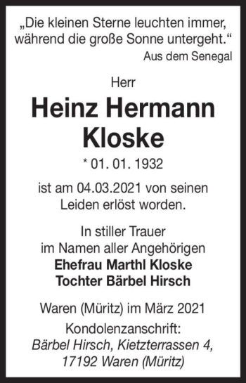 Traueranzeige von Heinz Hermann Kloske  von Magdeburger Volksstimme