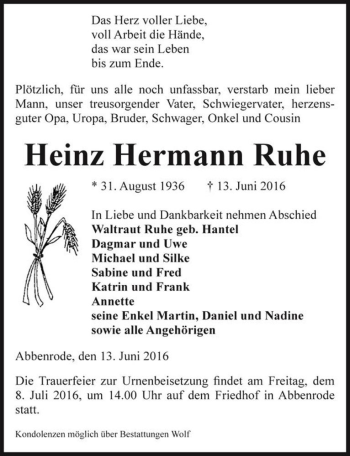 Traueranzeige von Heinz Hermann Ruhe  von Magdeburger Volksstimme