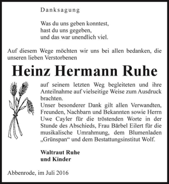 Traueranzeige von Heinz Hermann Ruhe  von Magdeburger Volksstimme