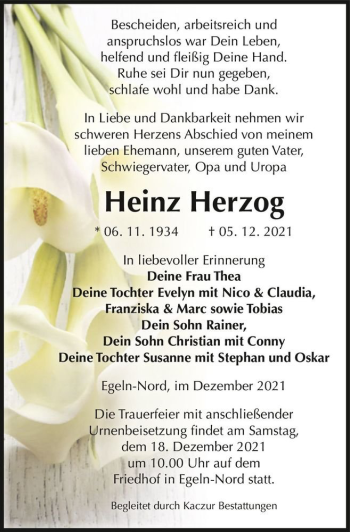Traueranzeige von Heinz Herzog  von Magdeburger Volksstimme