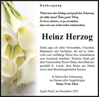 Traueranzeige von Heinz Herzog  von Magdeburger Volksstimme