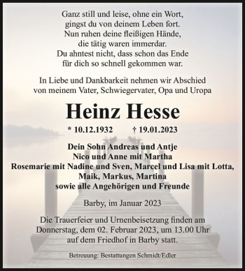 Traueranzeige von Heinz Hesse  von Magdeburger Volksstimme