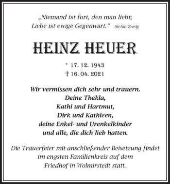Traueranzeige von Heinz Heuer  von Magdeburger Volksstimme