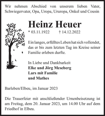 Traueranzeige von Heinz Heuer  von Magdeburger Volksstimme