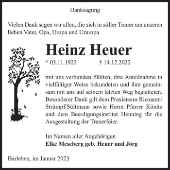 Traueranzeige von Heinz Heuer  von Magdeburger Volksstimme